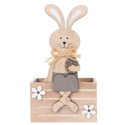 China MDF Wooden Easter Basket With Easter Gifts Rabbit Attached Wooden Hand Basket For Home Decoration for sale