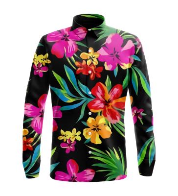 China Anti-pilling Custom Polynesian Tribal Black Background With Hibiscus Print Hawaii Shirts For Men Island Style Floral Lapel Long Sleeve Shirt for sale