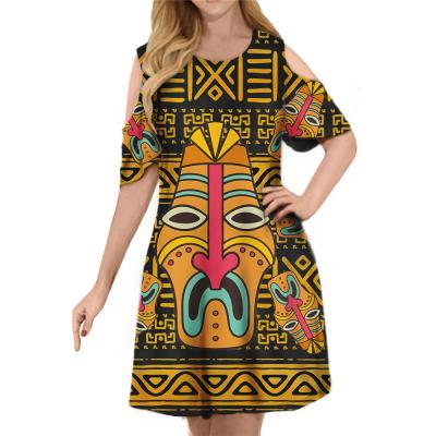 China Breathable Sweet Tiki Head Line Art Print Women Dress 2021 New Style Leak Shoulder O-neck Elegant Dress Short Skirt Customized for sale