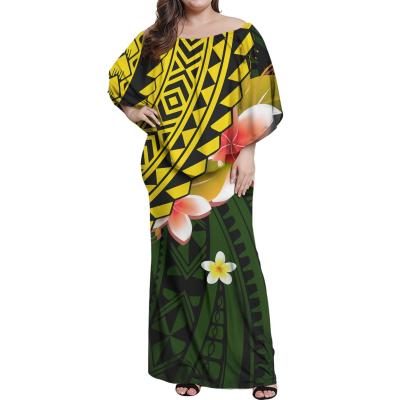 China Polynesian Tribal Design Plus Size Anti-Static Ruffle Off Shoulder Dress Plumeria Pattern Frill Maxi Dress Newest Casual Women Elegant Dress for sale