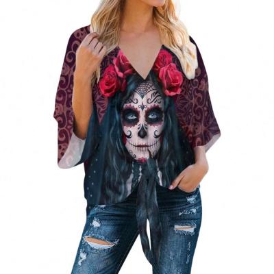 China Halloween Print Anti-pilling Pattern Floral Gifts Custom Gothic Girl Skull Day Of The Dead Chiffon V-Neck 3/4 Sleeve Shirts Women Women Tops for sale