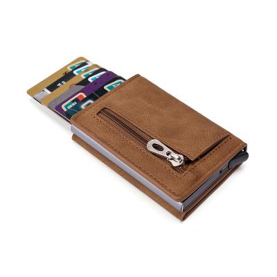 China Custom LOGO RFID Metal RFID Credit Card Box Clip Card Holders Automatic Simple Business Portable Men Leather Wallet for sale