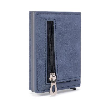 China Custom RFID Amazon LOGO Portable Men's PU Leather Wallet Blocking Simple Automatic Metal RFID Credit Card Holder for sale