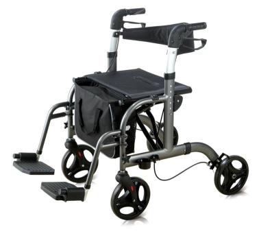 China 136kg 4 wheel aluminum transport chair rollator with footrest and shopping bag for sale