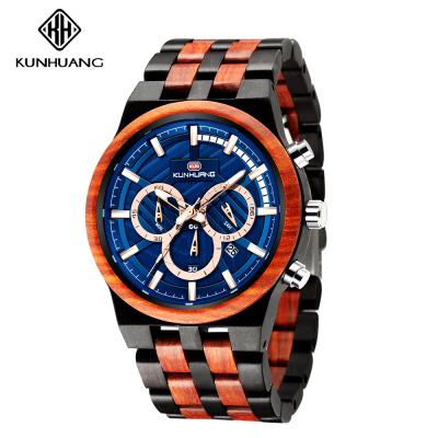 China Kunhuang 1018 Wooden Automatic Date Quartz Watch Natural Ebony Mens Wristwatches Relogio De Madeira Chronograph for sale