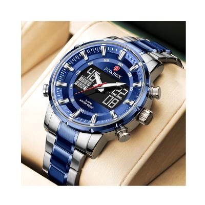 China Auto Date Foxbox 0002 Fashion Men Watch Stainless Steel Electronic Strap Double Movement Luminous Quartz Multifunction Wrist Watch for sale