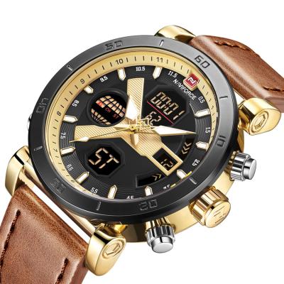 China NAVIFORCE 9132 Automatic Date Men's LED Digital Sport Multifunction Genuine Leather Men's Dual Display Water Resistant Watch for sale