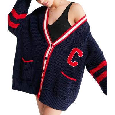 China Anti-wrinkle CaiNan knitted sweater maker custom long cardigan sweater women knit letter pocket letterman cardigan varsity sweater for sale