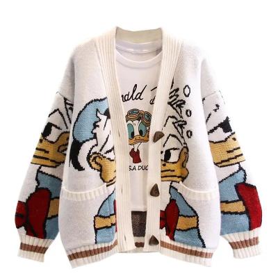 China CaiNan Custom Vintage Duck Print Jacquard Print Jacquard Women Sweater Cardigan Korean Cute Anti-wrinkle Fashion Knit Cartoon Cardigan Sweater Women for sale