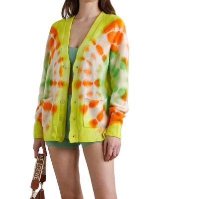 China CaiNan Custom Anti-wrinkle OEM and ODM women designer tie dye sweaters sheath long printing v neck women knitted tie dye cardigan sweaters women for sale