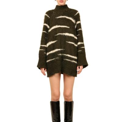 China CaiNan Designer Fashion Anti-Static Custom Women Knit Mini Dress Stripe Print Tortoise Neck Mohair Sweater Dress Women Oversized for sale