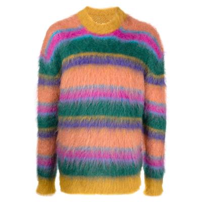 China Anti-wrinkle CaiNan Custom OEM & ODM men mohair sweater multicolour striped fuzzy jacquard knit sweater pullover crewneck mohair sweater men for sale