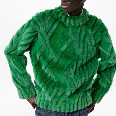 China Anti-wrinkle CaiNan custom crew neck knit men sweater designer luxury 3d stripe sweater men green mink fur sweater for sale