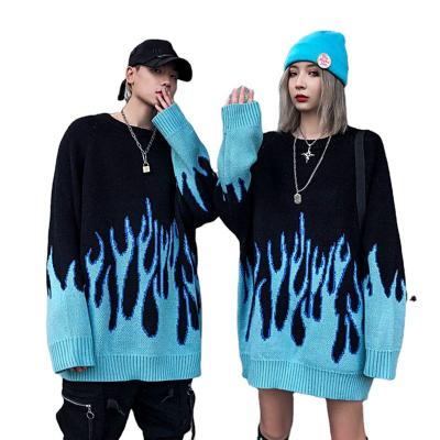 China Anti-wrinkle CaiNan custom wholesale blue fire couple harajuku streetwear knit pullover harajuku sweater hip hop flame sweater for sale