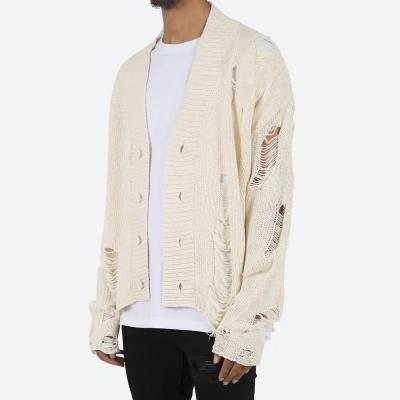 China Anti-wrinkle CaiNan Custom 100% Acrylic Vintage Ripped Hole Knit Cardigan Men Soild Color Button Distressed Cardigan Sweater Men for sale