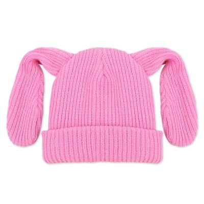 China CaiNan COMMON Skullcap Manufacturer Custom Silk Striped Skullcap With Ears Winter Hat Acrylic Rib Knit Rabbit Ear Skullcap for sale