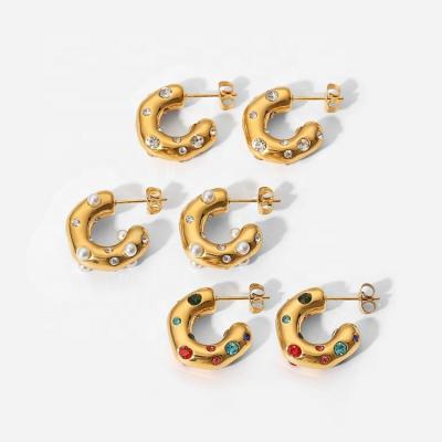 China FASHIONABLE Hot 18K Gold Plated Stainless Steel Pearl Jewelry Colorful Zircon CC Shaped Fashion Earring 2022 Newest Trend for sale