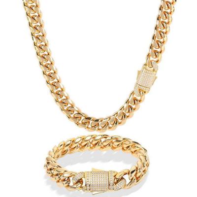 China Durable Wholesale Hip Hop Jewelry Stainless Steel Necklace Gold Iced Out Cuban Chain For Male for sale