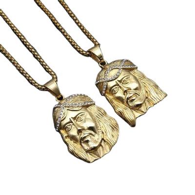 China Fashion 18k Yellow Gold Stainless Steel Religious Bible Christ Christian Jesus Face Pendant Cubic Zircon Necklace for sale