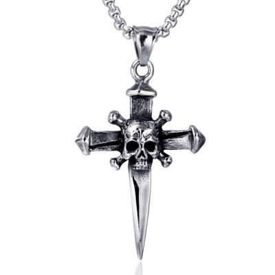 China Vintage Gothic Cross Demon Skull Necklace Men's Stainless Steel Skull Pending Necklace for sale