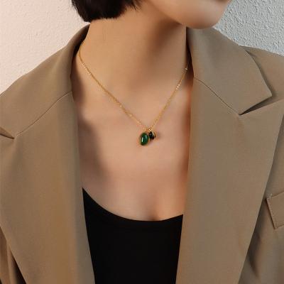 China TRENDY 18k Gold Plated Stainless Steel Link Chain Choker Green Black Agate Pendant Necklace For Women for sale