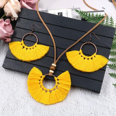 China BOHEMIA Tassel Bohemian Ethnic Colorful Jewelry Sets For Women Handmade Weave Long Tassel Rope Circle Earrings Necklace Set for sale