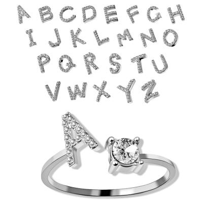 China FASHIONABLE Silver Rhinestone 26 Letters Initials Party Gift Open Engagement Rings For Women for sale