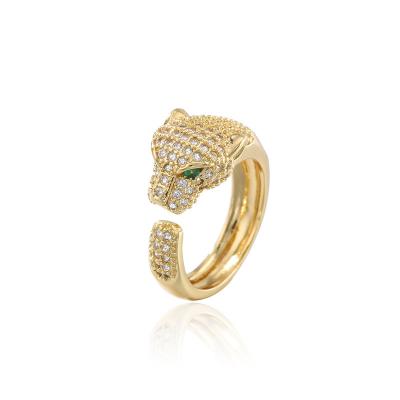 China Trendy Hiphop Hip Hop Jewelry 18K Gold Plated Brass CZ Panther Head Ring Adjustable Open Ring for sale