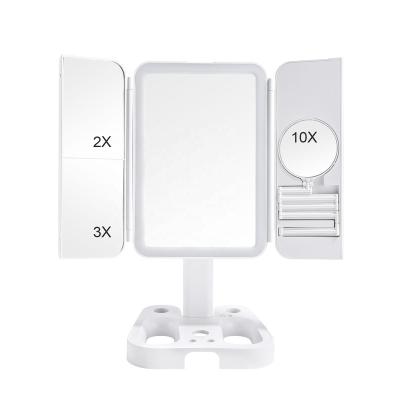 China Touch Screen LED Lighted Triple Lighted Desktop Foldable Makeup Mirror 270 Rotation Adjustable Makeup Mirror With 3x/2x Magnification for sale