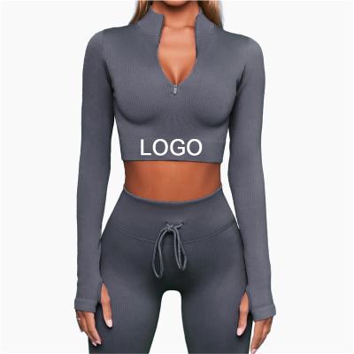 China Breathable Gray Zipper Yoga Set 2021 Winter Women Two Piece Set Clothing Long Sleeve Warm Solid Athleisure Outfits for sale