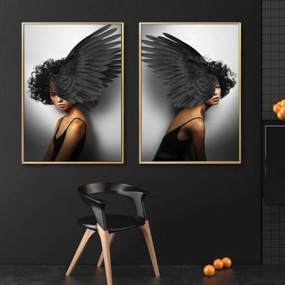 China Waterproof Nordic Black Women Art Canvas Painting Modern Feather Posters And Print Cuadros Wall Art Pictures For Living Room Home Decor for sale