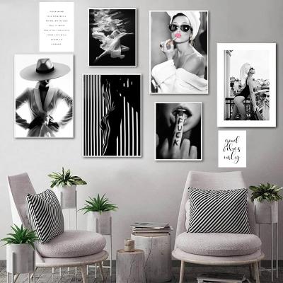 China Waterproof Abstract Line Black And White Home Decor Bedroom Backdrop Pictures Art Canvas Print Painting Minimalist Figure Poster Wall Retro for sale