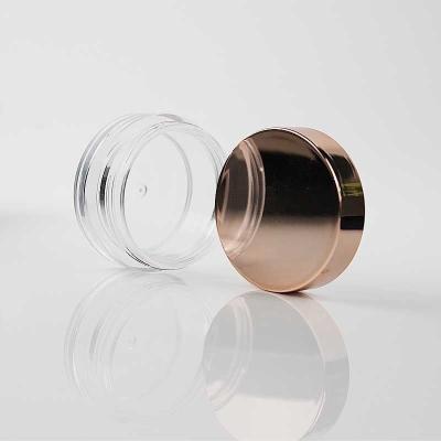 China 3g 5g 10g Rose Gold Transparent Luxury Acrylic Eye Face Cream Sample Cosmetic Empty Jar with Metal Gold Silver Lids for sale