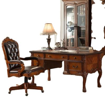 China Foldable Luxurious European Style Solid Wood Carving Desk With Leather Chair for sale