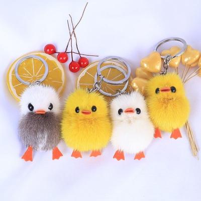 China Fashion Creative Charm Cute Fashion Mink Fur Pom Pom Little 100% Handmade Soft Duck Keychain For Boy Girl Gifts for sale