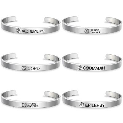 China Custom Engraved Bracelet Environmentally Friendly Stainless Steel Open Cuff Logo Bracelet with Medical Diabetic Warning Logo for sale