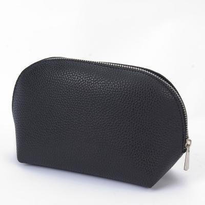 China Black PU Leather Leisure Fashion Makeup Bag Shell Shape Designer Style Lychee Pattern Zipper Custom Cosmetic Bag Closure for sale