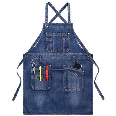 China Washable denim apron with pockets for women and men - wash style, adjustable bands for sale