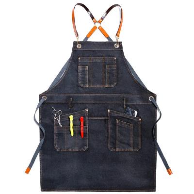 China 2023 BBQ Pocket Washable Hair Stylist Cleaning Hair Salon Waterproof Custom Woman Lightweight Denim Apron for sale