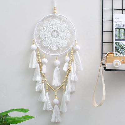 China White Dream Bohemian Wood Decor Handmade Boho Beaded Catcher Wall Hanging with Wooden Beaded Tassels Dreamy Catcher for Kids for sale