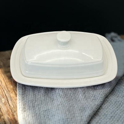 China Viable Wholesale Pure White Kitchenware Rectangle Ceramic Cheese Butter Container Dish With Cover for sale