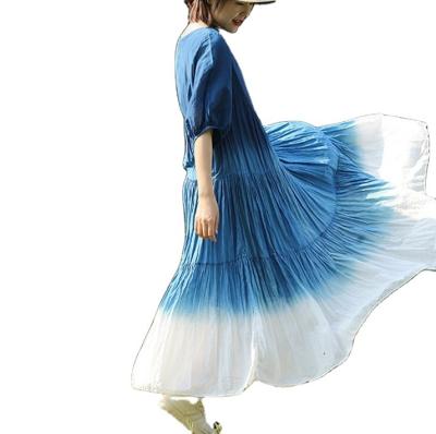 China Custom Made Women Anti-wrinkle Casual Tie Dyed Silk Cotton And Hemp Cake Skirt Long Dress for sale