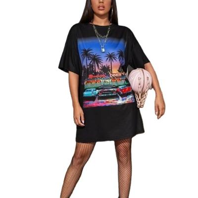 China Custom Made 100% Polyester Crewneck Breathable Graphic Printed Oversized Street Wear Womens Drop Shoulder T-Shirt Dress for sale