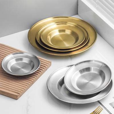 China Unique Deep Round Glossy Metal Kitchen Chargers Gold Stainless Steel Charger Serving Dish Sustainable for sale