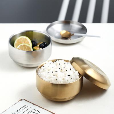 China Viable Fruit Metal Serving Soup Stainless Steel Gold Mix Korean Silver Rice Bowl With Lid Cover for sale