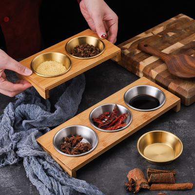 China 304 Stainless Steel Condiment Dish Viable Korean Flavor Hot Pot Restaurant Dipping Cold Dishes Metal Dish With Wooden Rack for sale