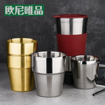 China Sustainable 304 Stainless Steel Double Water Korean Golden Sourcing Mug Beer Insulation Tea Cup Drinks Rotisserie Mug for sale