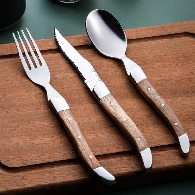 China Sustainable Nordic Wooden Handle Stainless Steel Cutlery Steak Knife And Fork, Knife, And Spoon Set Three Pieces Of Cutlery Sets for sale