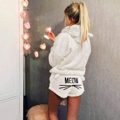 China Missfamo Ladies Fleece Sleepwear Thermal Cute Hooded Cozy Romper 2Pcs Pj Sherpa Fluffy Shorts Set Onesie Adult Women Warm Fleece Pajamas for sale