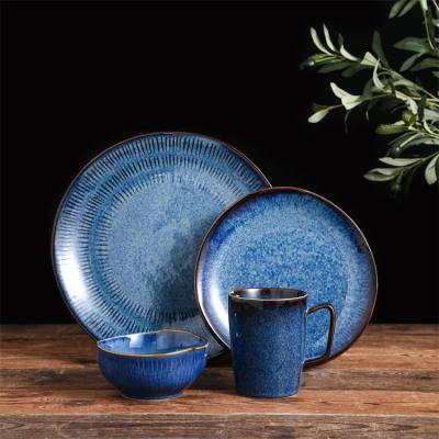 China Viable Wholesale High Quality Custom Reactive Glaze Dish and Bowl Blue Ceramic Restaurant Tableware For Sale for sale